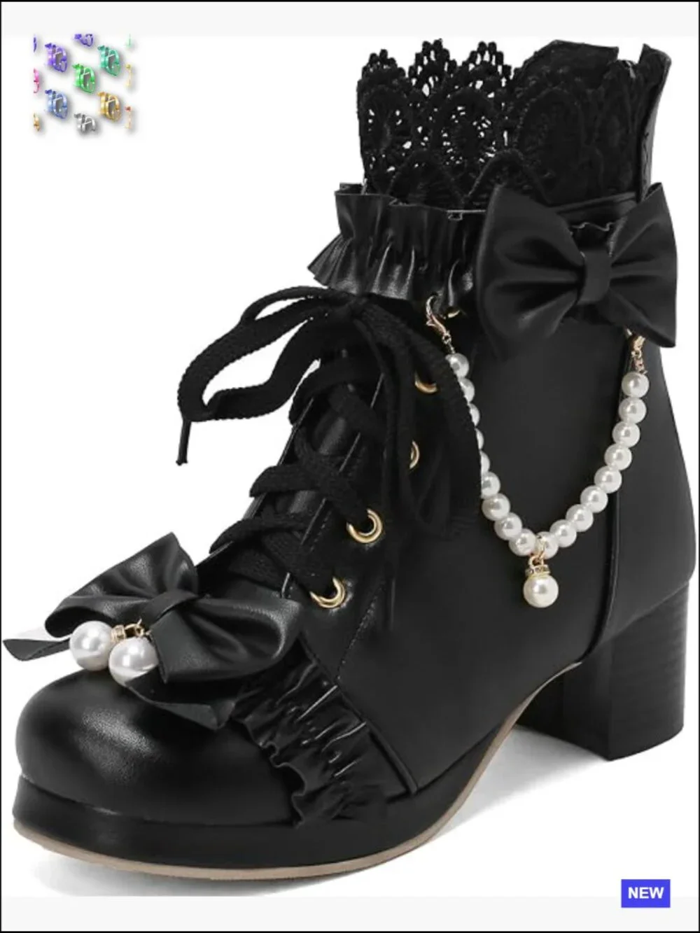 Chunky Heel Lace Up Ankle Boots with Bow Platform Pearl Detail